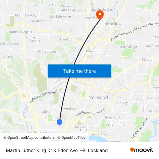 Martin Luther King Dr & Eden Ave to Lockland map