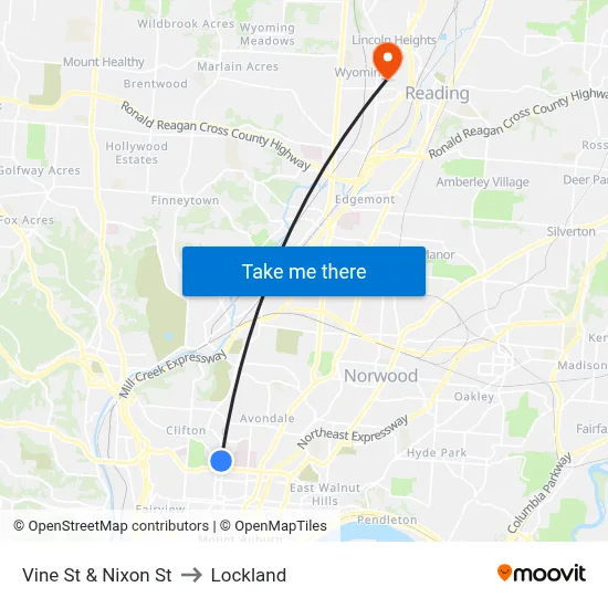 Vine St & Nixon St to Lockland map