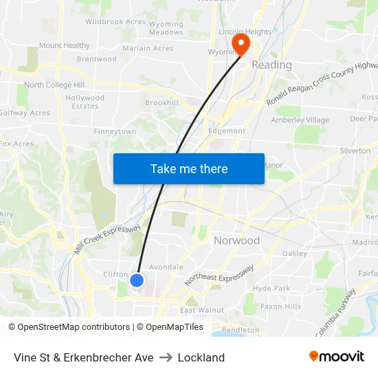 Vine St & Erkenbrecher Ave to Lockland map