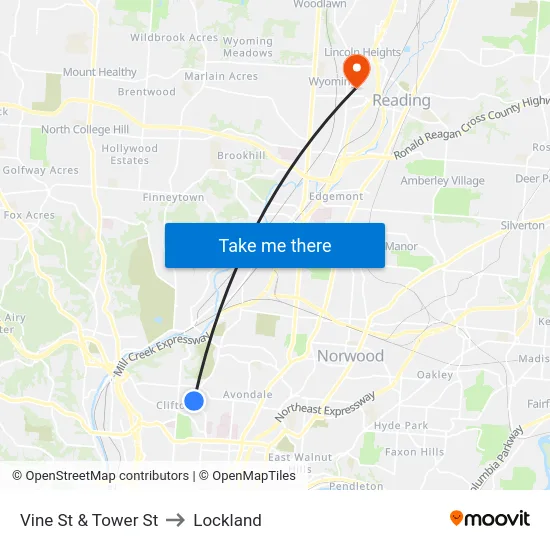 Vine St & Tower St to Lockland map