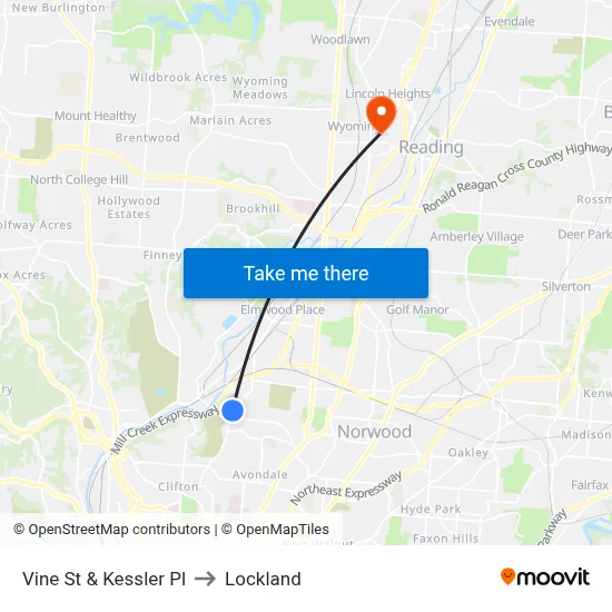 Vine St & Kessler Pl to Lockland map