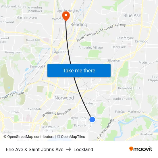 Erie Ave & Saint Johns Ave to Lockland map