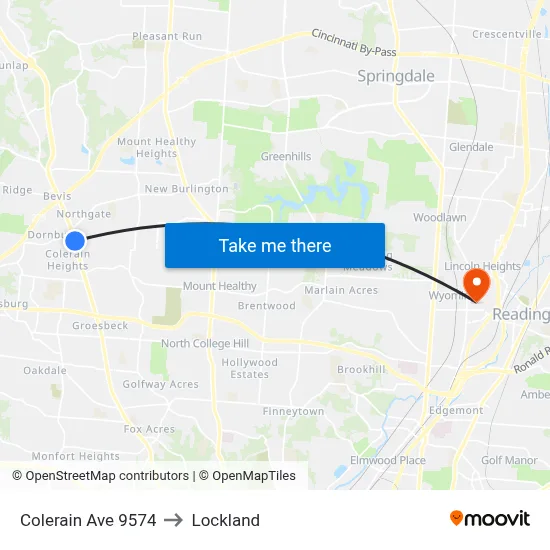 Colerain Ave 9574 to Lockland map