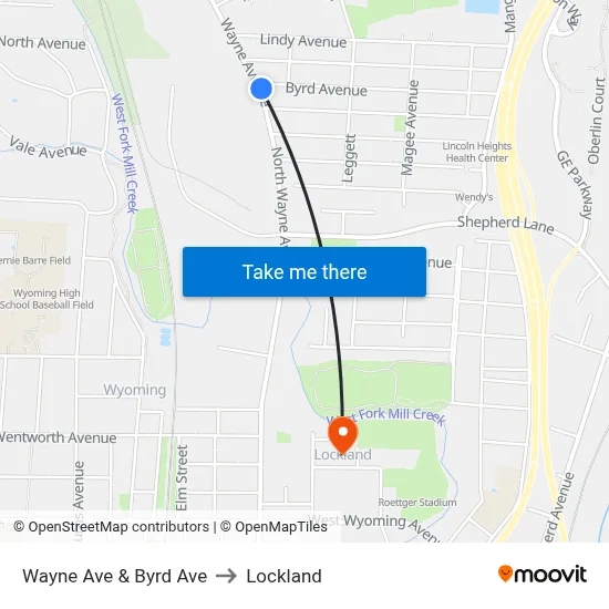Wayne Ave & Byrd Ave to Lockland map