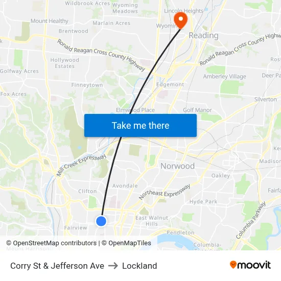 Corry St & Jefferson Ave to Lockland map