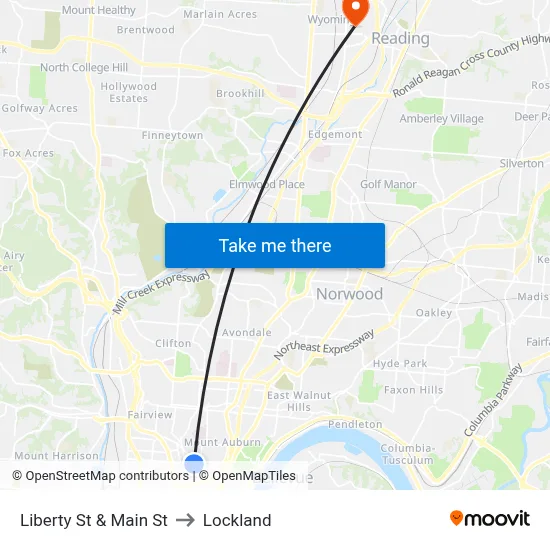 Liberty St & Main St to Lockland map