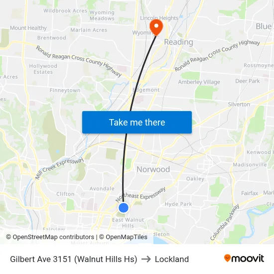 Gilbert Ave 3151 (Walnut Hills Hs) to Lockland map