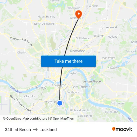 34th at Beech to Lockland map