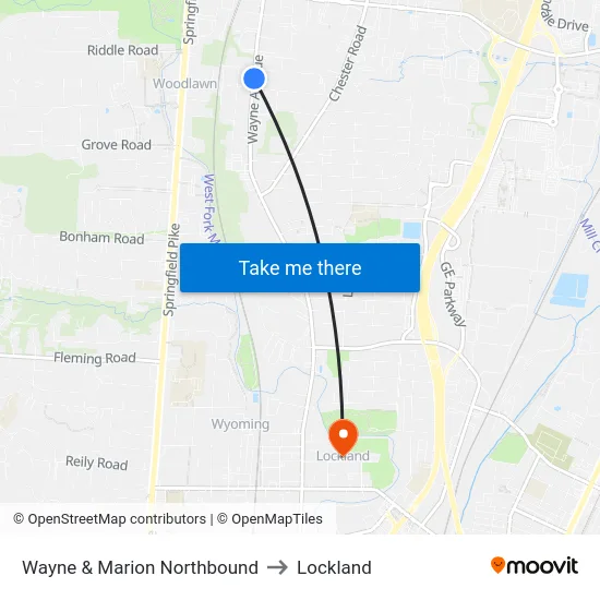 Wayne & Marion Northbound to Lockland map