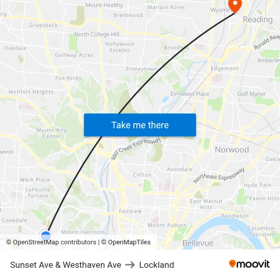 Sunset Ave & Westhaven Ave to Lockland map