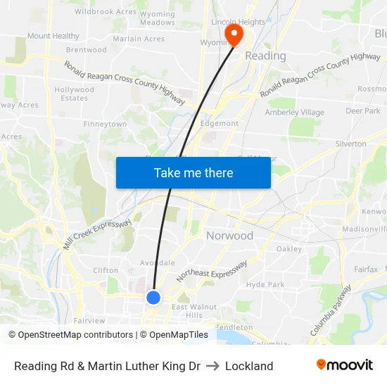 Reading Rd & Martin Luther King Dr to Lockland map