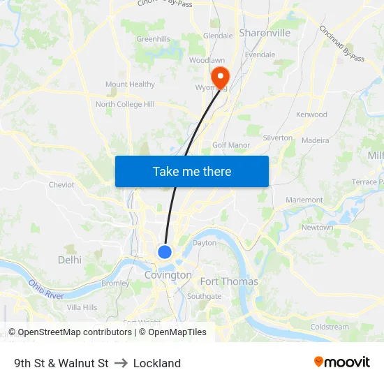 9th St & Walnut St to Lockland map