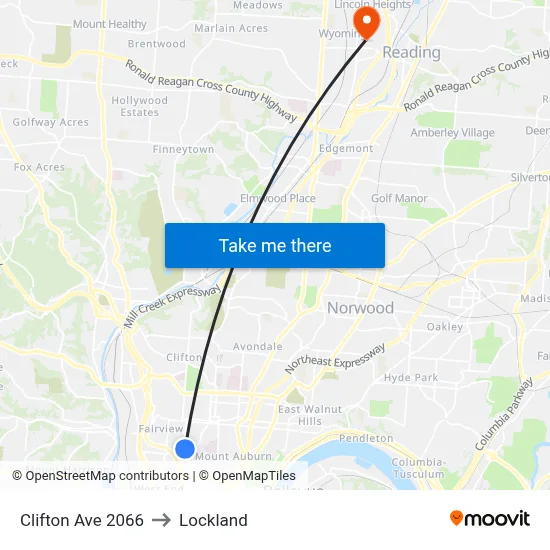 Clifton Ave 2066 to Lockland map