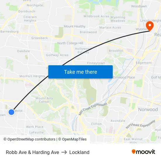 Robb Ave & Harding Ave to Lockland map