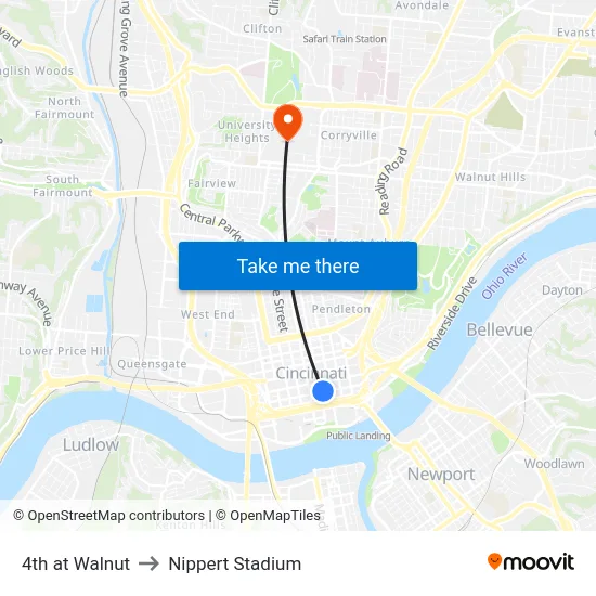4th at Walnut to Nippert Stadium map