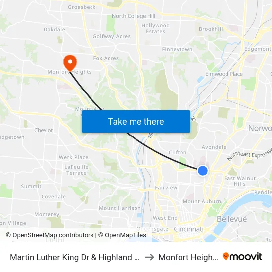 Martin Luther King Dr & Highland Av to Monfort Heights map