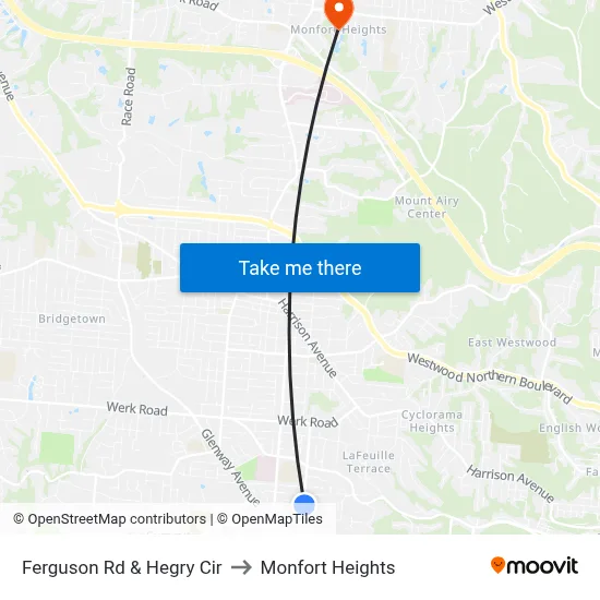 Ferguson Rd & Hegry Cir to Monfort Heights map