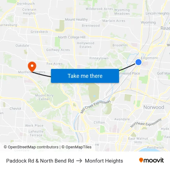Paddock Rd & North Bend Rd to Monfort Heights map