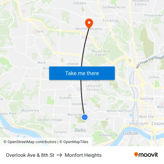 Overlook Ave & 8th St to Monfort Heights map