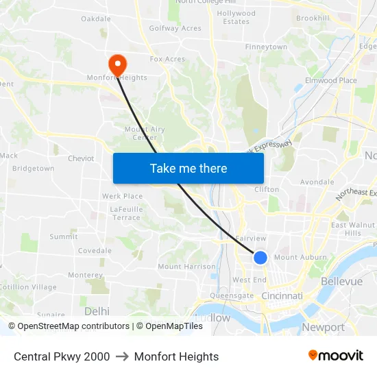Central Pkwy 2000 to Monfort Heights map