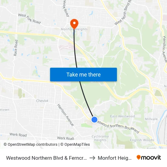 Westwood Northern Blvd & Ferncroft to Monfort Heights map