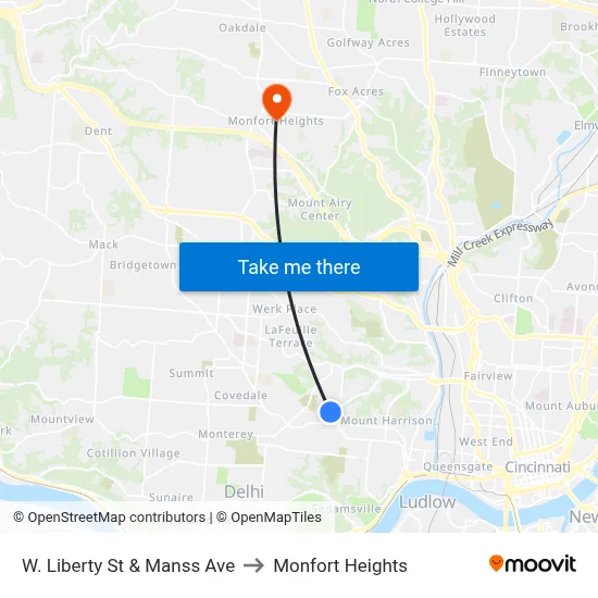 W. Liberty St & Manss Ave to Monfort Heights map