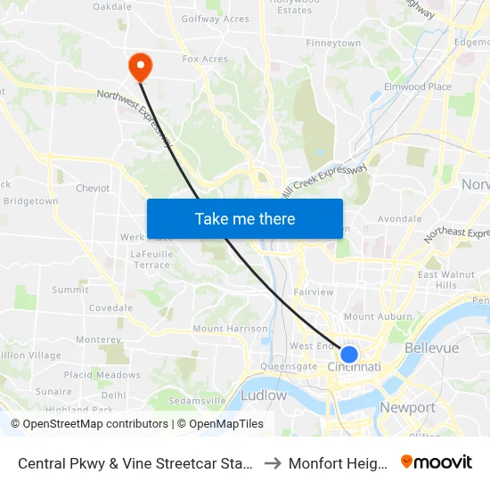 Central Pkwy & Vine Streetcar Station to Monfort Heights map
