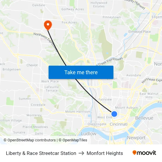 Liberty & Race Streetcar Station to Monfort Heights map