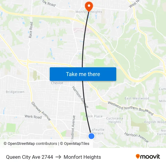 Queen City Ave 2744 to Monfort Heights map