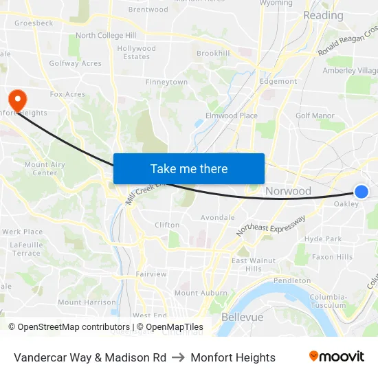 Vandercar Way & Madison Rd to Monfort Heights map