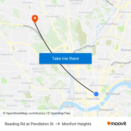 Reading Rd at Pendleton St to Monfort Heights map