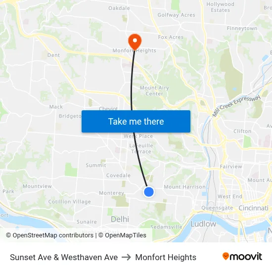 Sunset Ave & Westhaven Ave to Monfort Heights map