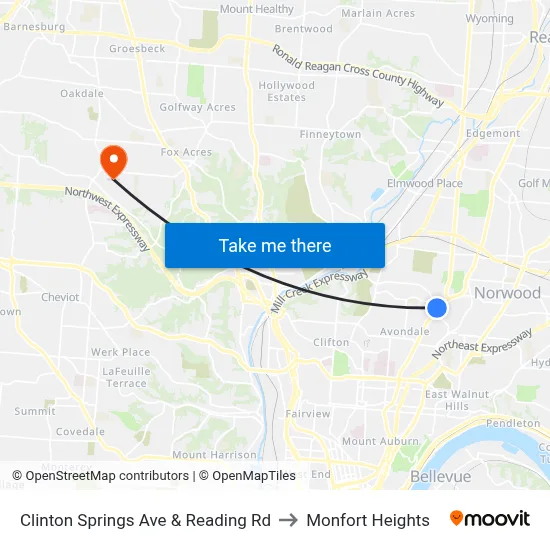 Clinton Springs Ave & Reading Rd to Monfort Heights map