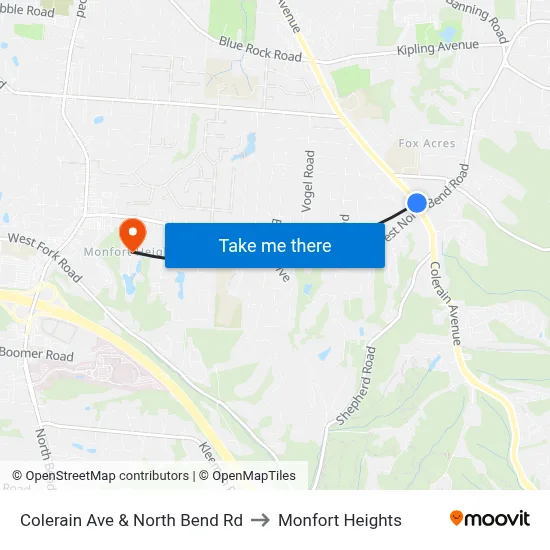 Colerain Ave & North Bend Rd to Monfort Heights map