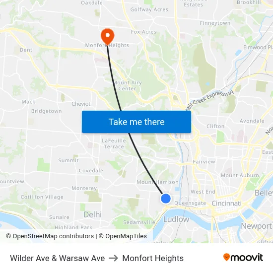 Wilder Ave & Warsaw Ave to Monfort Heights map