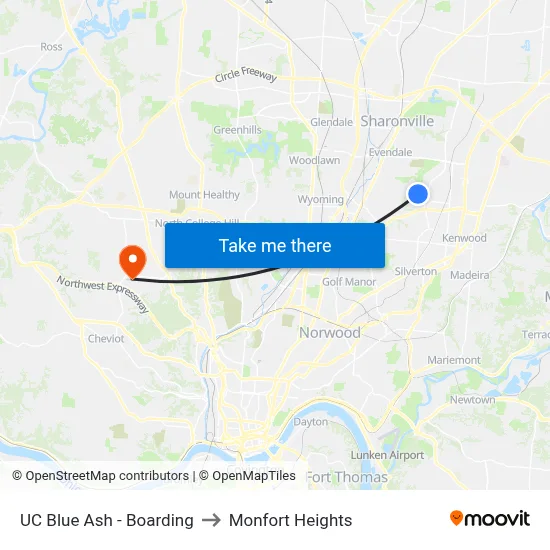 UC Blue Ash - Boarding to Monfort Heights map