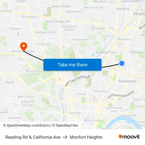 Reading Rd & California Ave to Monfort Heights map