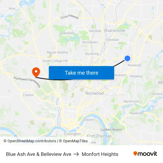 Blue Ash Ave & Belleview Ave to Monfort Heights map