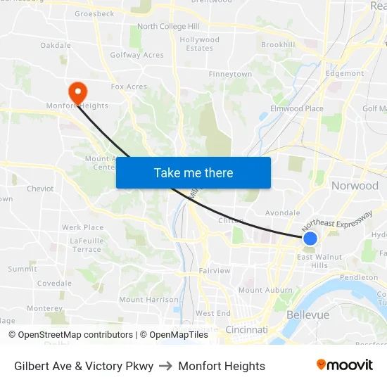 Gilbert Ave & Victory Pkwy to Monfort Heights map