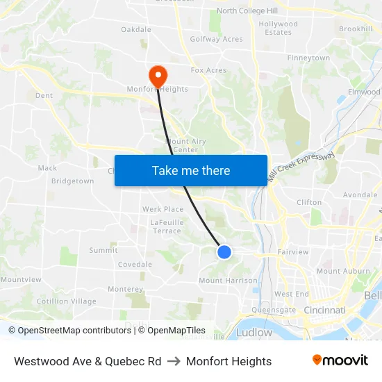 Westwood Ave & Quebec Rd to Monfort Heights map
