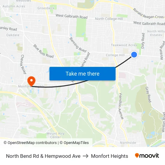 North Bend Rd & Hempwood Ave to Monfort Heights map