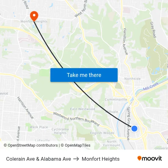 Colerain Ave & Alabama Ave to Monfort Heights map