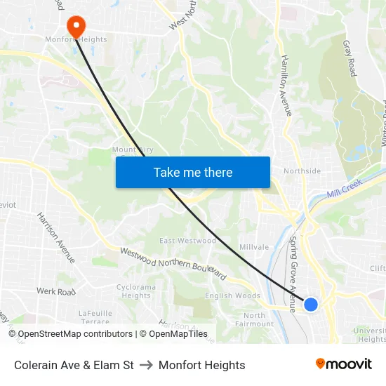 Colerain Ave & Elam St to Monfort Heights map