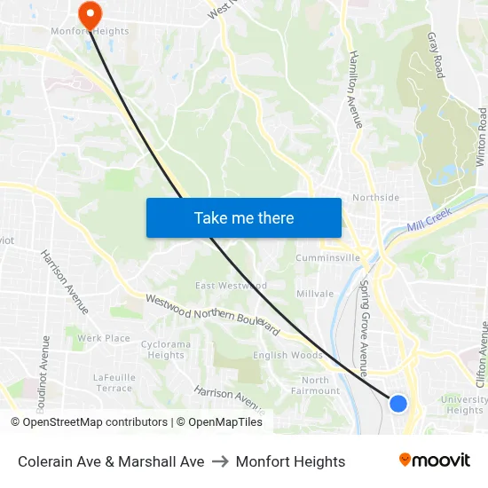 Colerain Ave & Marshall Ave to Monfort Heights map