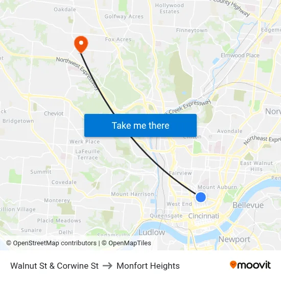 Walnut St & Corwine St to Monfort Heights map