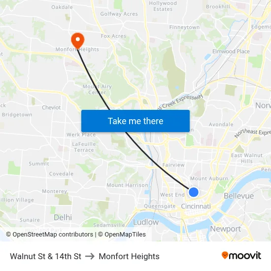 Walnut St & 14th St to Monfort Heights map