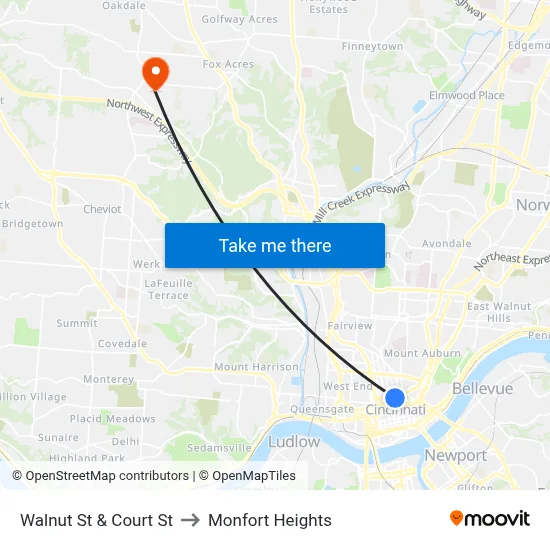 Walnut St & Court St to Monfort Heights map