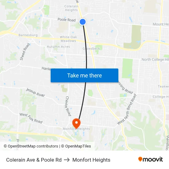 Colerain Ave & Poole Rd to Monfort Heights map