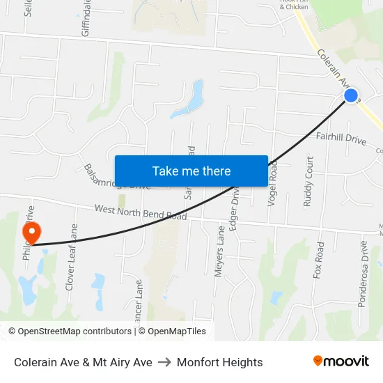 Colerain Ave & Mt Airy Ave to Monfort Heights map