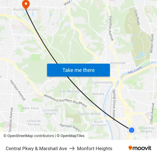 Central Pkwy & Marshall Ave to Monfort Heights map